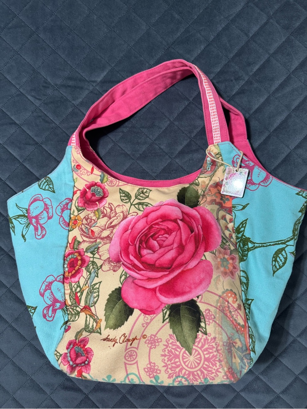 Sandy Clough Cloth Shoulder Bag Tote Purse Floral Pink Rose Colorful